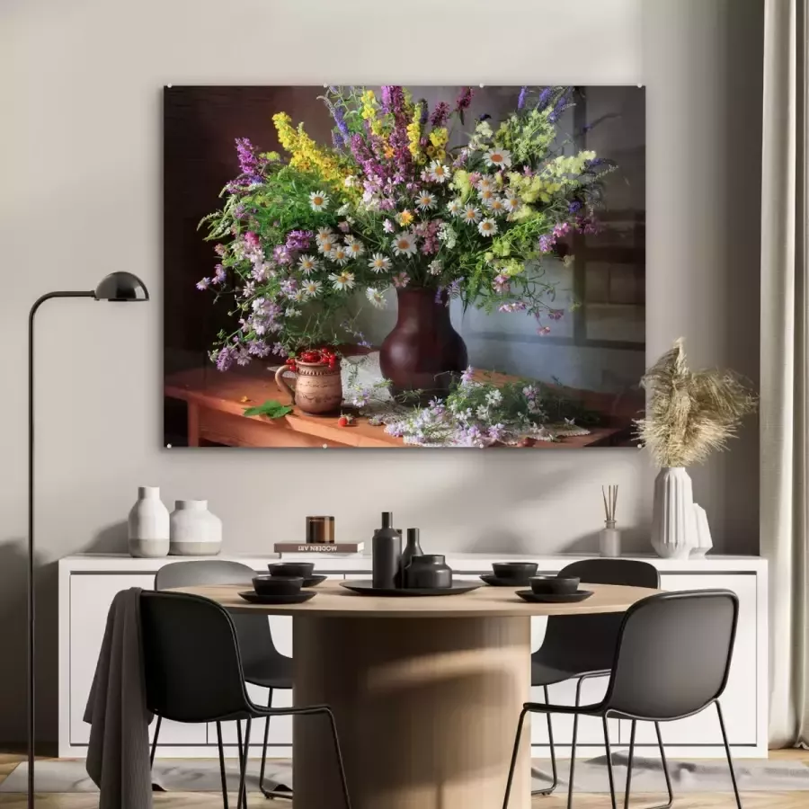 MuchoWow Glasschilderij Bloemen Tafel Stilleven Boeket Vaas 120x90 cm Acrylglas Schilderijen Foto op Glas