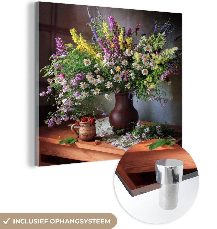 MuchoWow Glasschilderij 20x20 cm Schilderij acrylglas Bloemen Tafel Stilleven Boeket Vaas Foto op glas Muurdecoratie woonkamer Wanddecoratie slaapkamer Schilderijen
