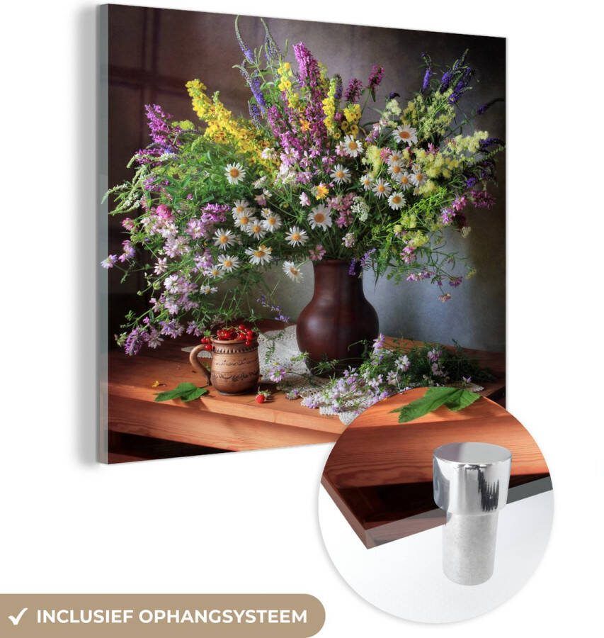 MuchoWow Glasschilderij 50x50 cm Schilderij acrylglas Bloemen Tafel Stilleven Boeket Vaas Foto op glas Muurdecoratie woonkamer Wanddecoratie slaapkamer Schilderijen