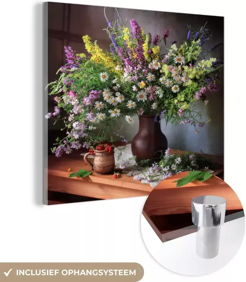 MuchoWow Glasschilderij 50x50 cm Schilderij acrylglas Bloemen Tafel Stilleven Boeket Vaas Foto op glas Muurdecoratie woonkamer Wanddecoratie slaapkamer Schilderijen - Foto 2