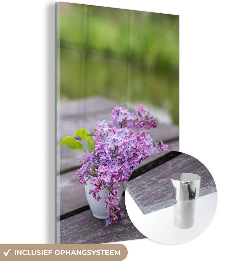 MuchoWow Glasschilderij 80x120 cm Schilderij glas Boeket van seringen op een tafel Foto op acrylglas Schilderijen