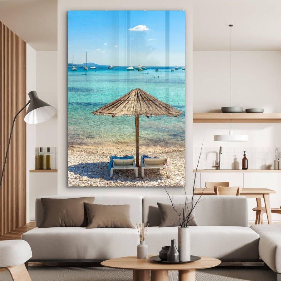 MuchoWow Glasschilderij 120x180 cm Schilderij acrylglas Boot Strand Parasol Foto op glas Schilderijen