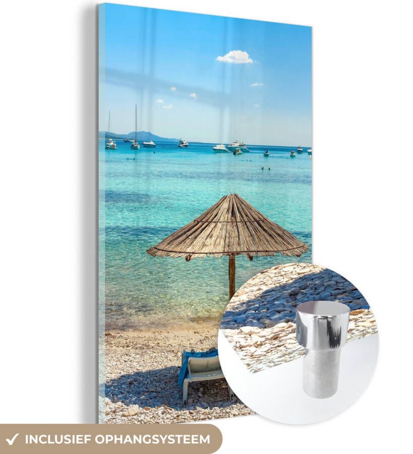 MuchoWow Glasschilderij 20x30 cm Schilderij acrylglas Boot Strand Parasol Foto op glas Schilderijen