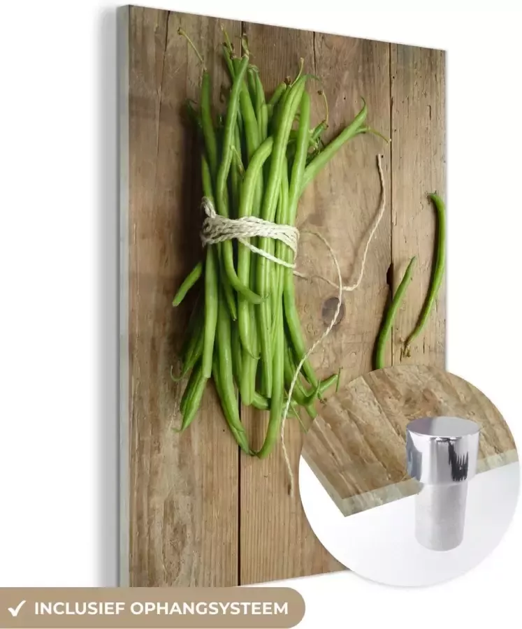 MuchoWow Glasschilderij 120x160 cm Schilderij acrylglas Bundel van groene sperziebonen op een houten tafel Foto op glas Schilderijen - Foto 2