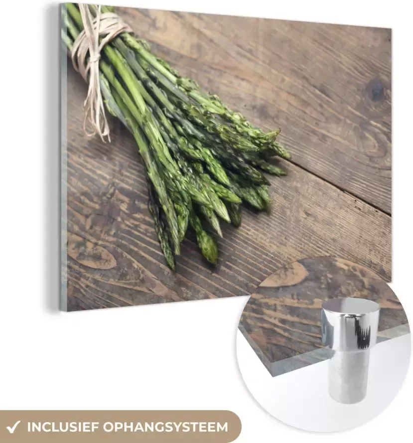 MuchoWow Glasschilderij Bundel van wilde asperges of Asparagus officinalis op houten rustieke tafel zwart wit 90x60 cm Acrylglas Schilderijen Foto op Glas