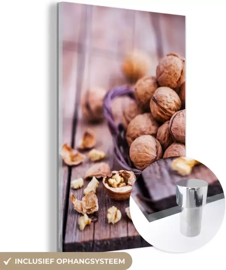MuchoWow Glasschilderij 40x60 cm Schilderij acrylglas De zoete walnoten in een mand op oude houten tafel Foto op glas Schilderijen - Foto 2