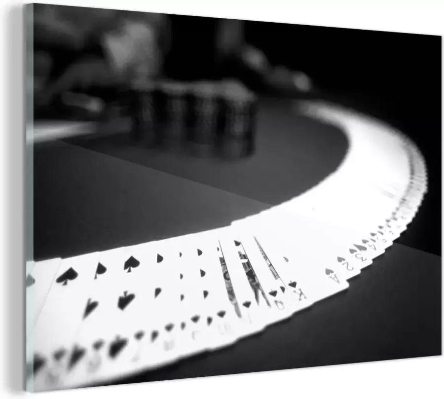 MuchoWow Glasschilderij Deck speelkaarten op tafel zwart wit 120x80 cm Acrylglas Schilderijen Foto op Glas