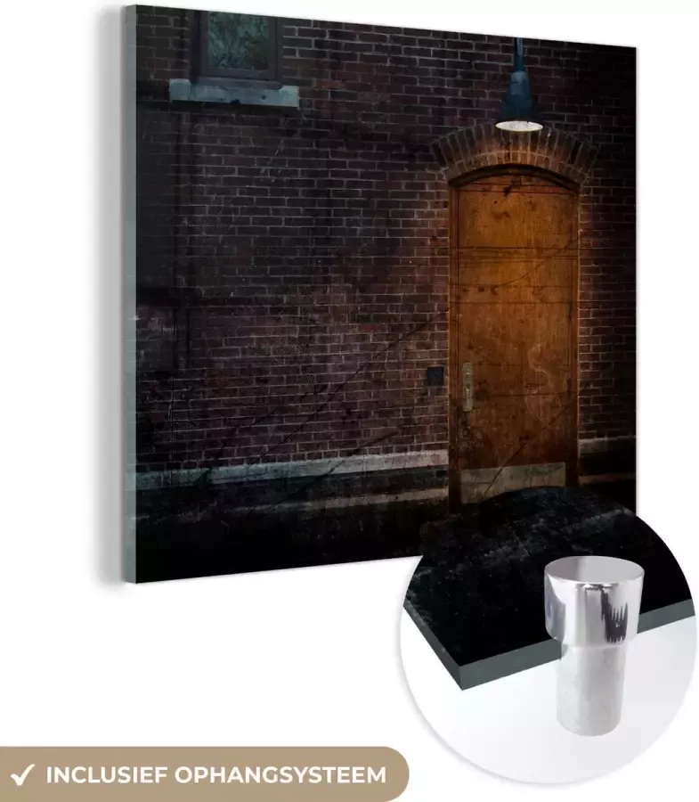 MuchoWow Glasschilderij Deur Muur Lamp Architectuur 90x90 cm Acrylglas Schilderijen Foto op Glas