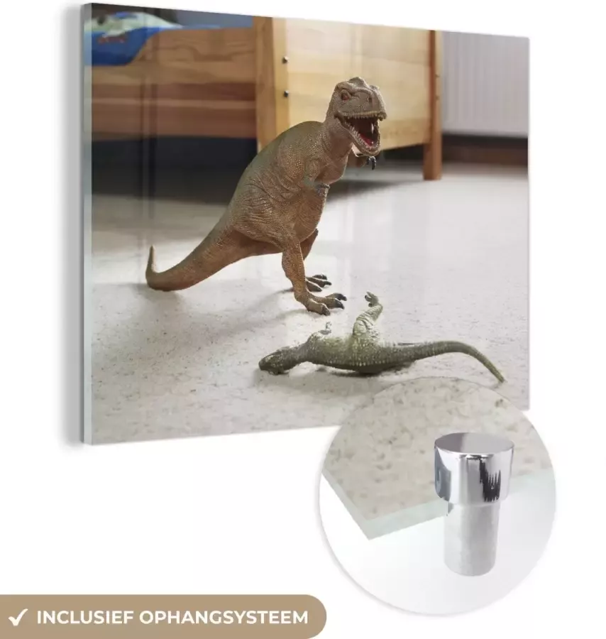 MuchoWow Glasschilderij 40x30 cm Schilderij acrylglas Dinosaurus Speelgoed Bed Foto op glas Schilderijen