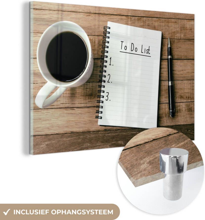 MuchoWow Glasschilderij 90x60 cm Schilderij glas Een agenda met een pen en koffie op een houten bureau Foto op acrylglas Schilderijen