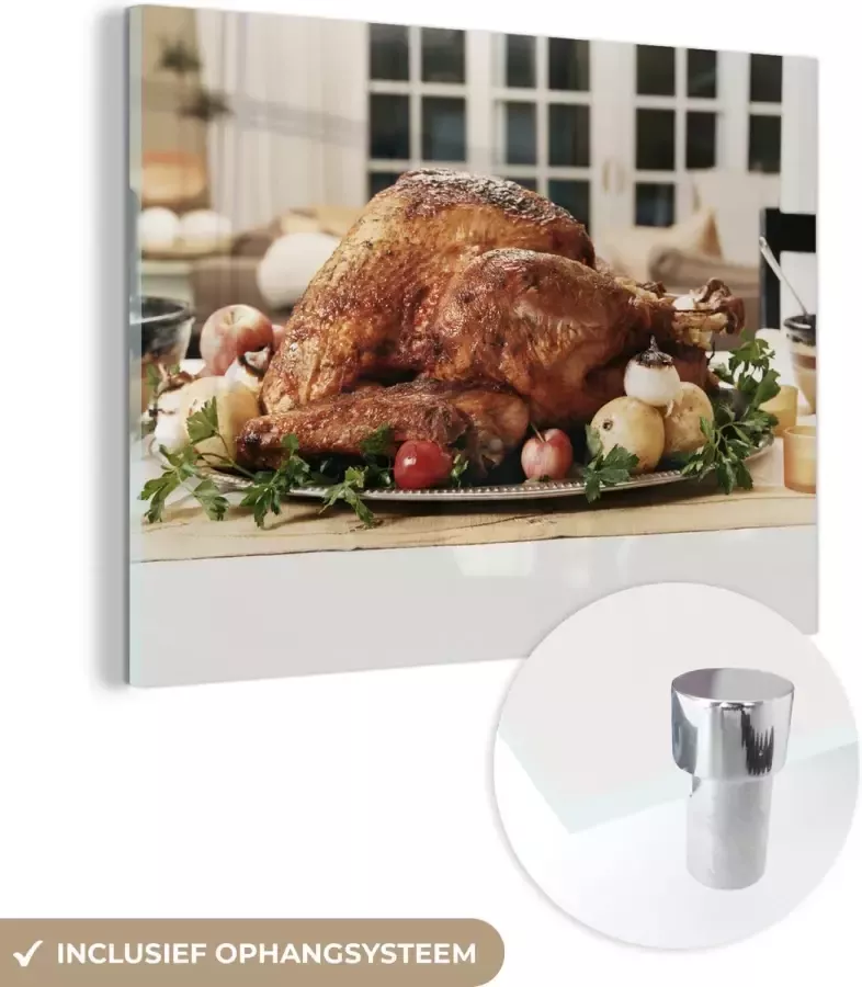 MuchoWow Glasschilderij 120x90 cm Schilderij glas Een gebraden kalkoen op tafel voor het Thanksgiving diner Foto op acrylglas Schilderijen