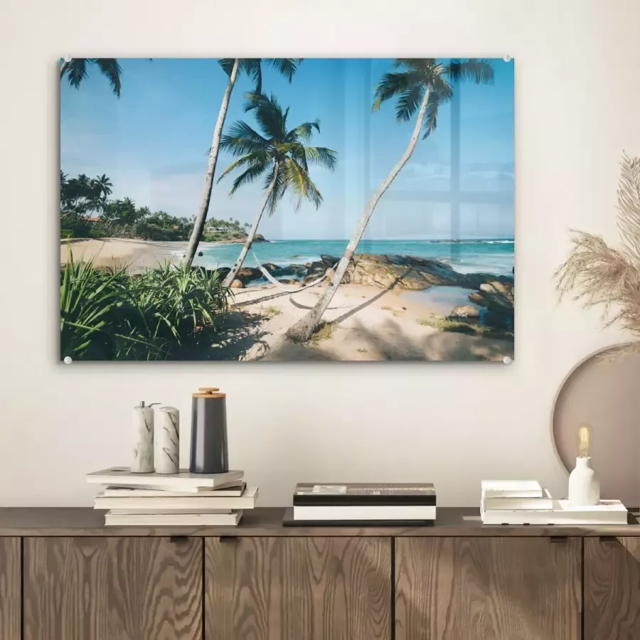 MuchoWow Glasschilderij 60x40 cm Schilderij acrylglas Een hangmat bij een privéstrand in Tangalle bij Ceylon Foto op glas Schilderijen - Foto 2