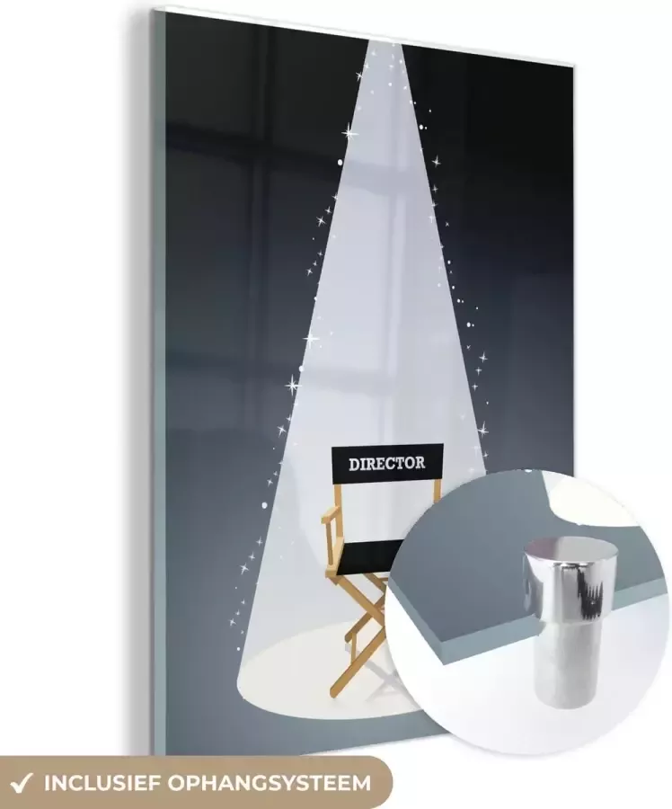 MuchoWow Glasschilderij 90x120 cm Schilderij acrylglas Een illustratie van de stoel van de regisseur in de spotlight Foto op glas Schilderijen