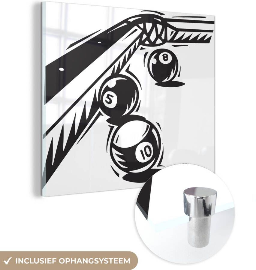 MuchoWow Glasschilderij 20x20 cm Schilderij acrylglas Een illustratie van drie ballen op de pool tafel Foto op glas Schilderijen
