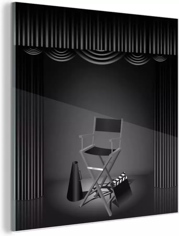 MuchoWow Glasschilderij Een illustratie van een stoel van de regisseur in Hollywood zwart wit 90x90 cm Acrylglas Schilderijen Foto op Glas