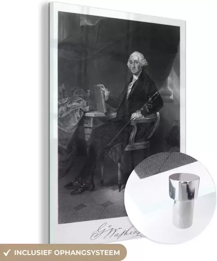 MuchoWow Glasschilderij 30x40 cm Schilderij acrylglas Een illustratie van George Washington in een stoel Foto op glas Schilderijen