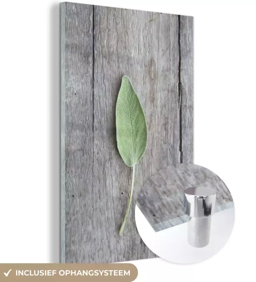 MuchoWow Glasschilderij 100x150 cm Schilderij acrylglas Een salie blad op een houten tafel Foto op glas Schilderijen