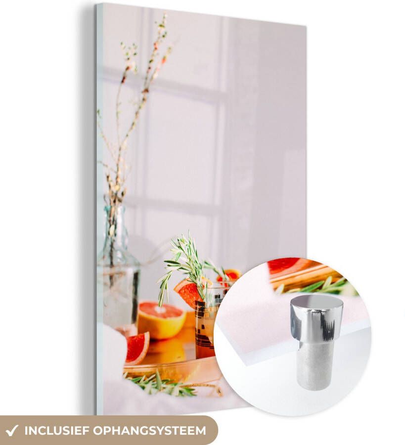 MuchoWow Glasschilderij 120x180 cm Schilderij glas Fruit Grapefruit Tafel Foto op acrylglas Schilderijen