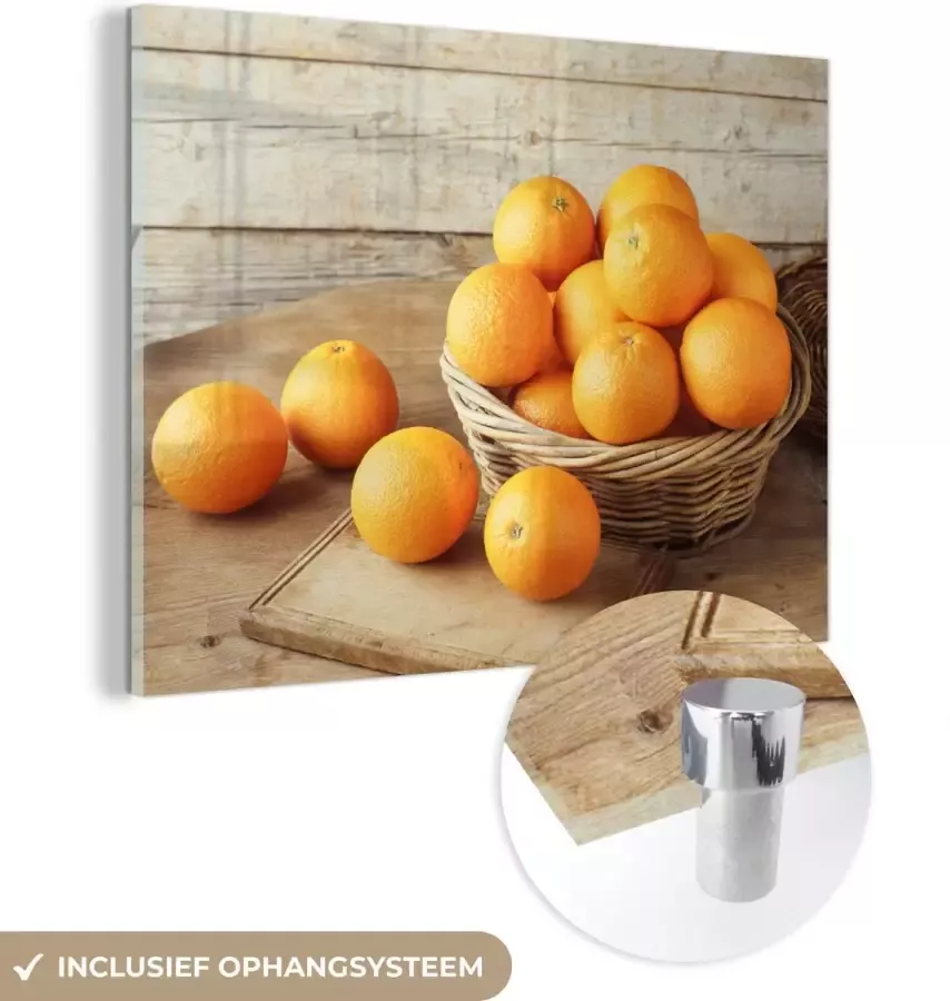 MuchoWow Glasschilderij 80x60 cm Schilderij glas Fruitmand Sinaasappel Tafel Foto op acrylglas Schilderijen