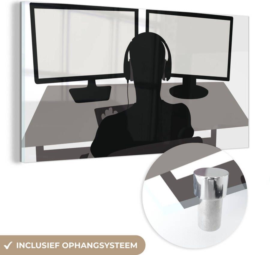 MuchoWow Glasschilderij 80x40 cm Schilderij acrylglas Gamer Computer Bureau Illustratie Foto op glas Schilderijen