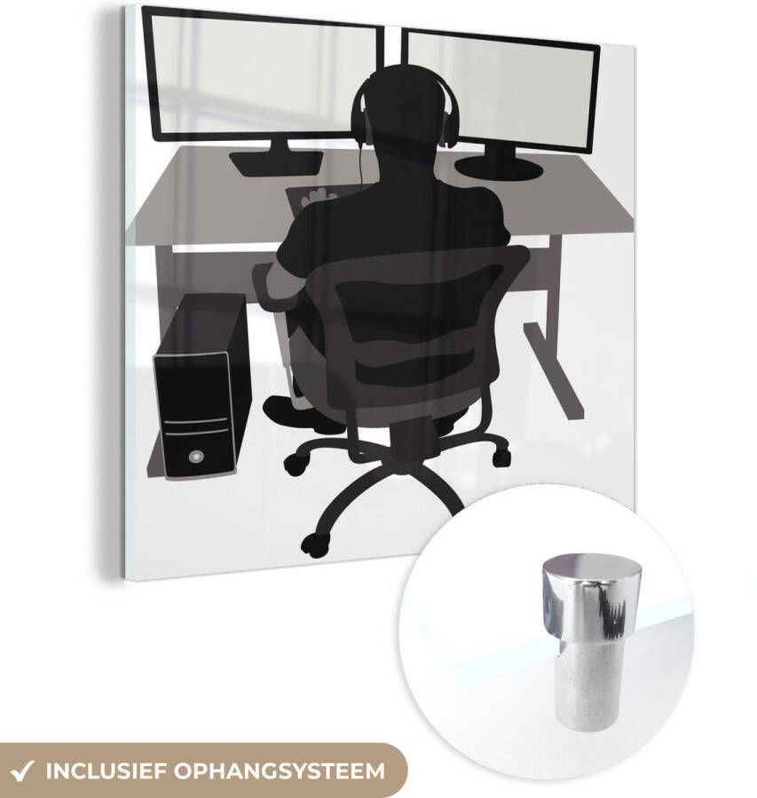 MuchoWow Glasschilderij 90x90 cm Schilderij acrylglas Gamer Computer Bureau Illustratie Foto op glas Schilderijen