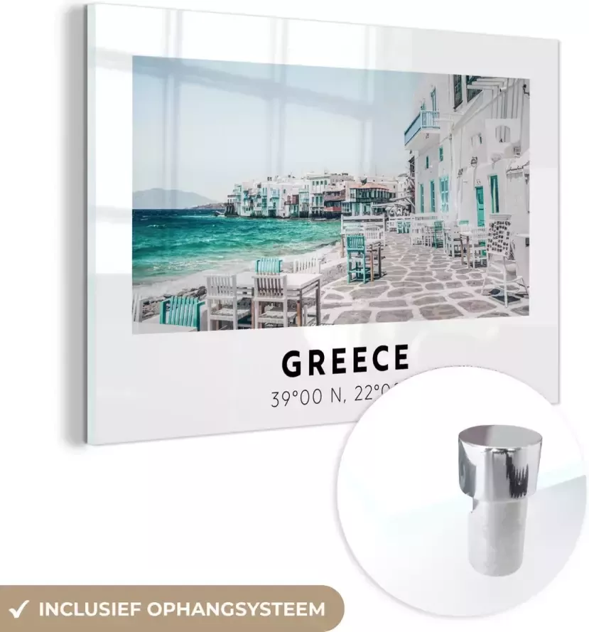 MuchoWow Glasschilderij Griekenland Blauw Zee Stoelen 120x80 cm Acrylglas Schilderijen Foto op Glas