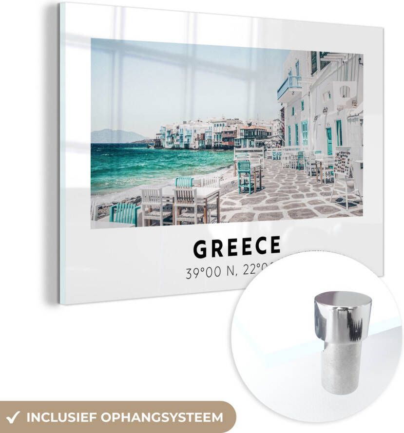 MuchoWow Glasschilderij Griekenland Blauw Zee Stoelen 30x20 cm Acrylglas Schilderijen Foto op Glas