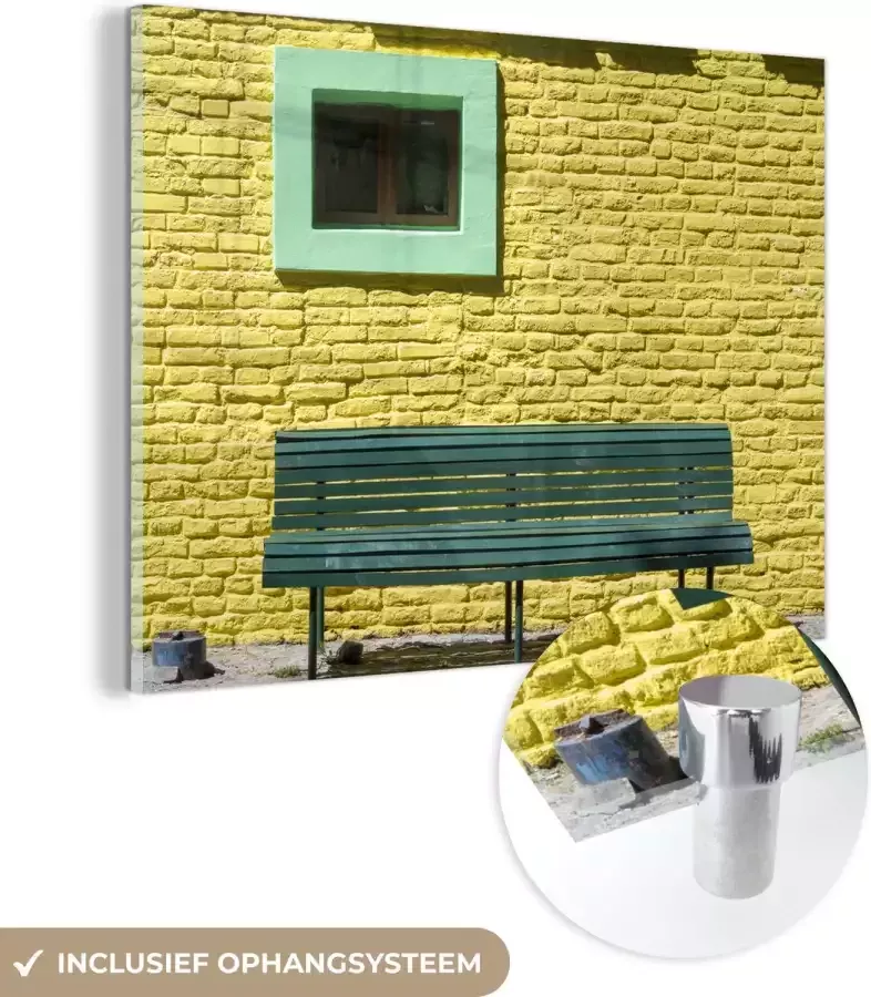 Glasschilderij 120x90 cm Schilderij acrylglas Groene tuinbank aan een huis in Caminito Foto op glas Muurdecoratie woonkamer Wanddecoratie slaapkamer Schilderijen