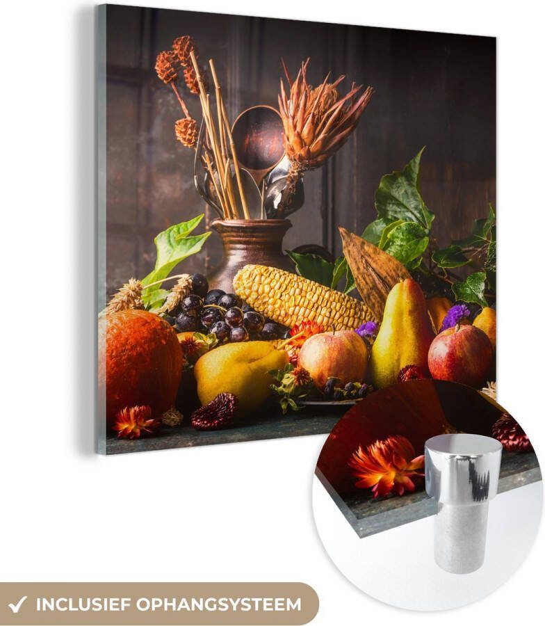 MuchoWow Glasschilderij 20x20 cm Schilderij glas Groente Fruit Rustiek Tafel Foto op acrylglas Schilderijen