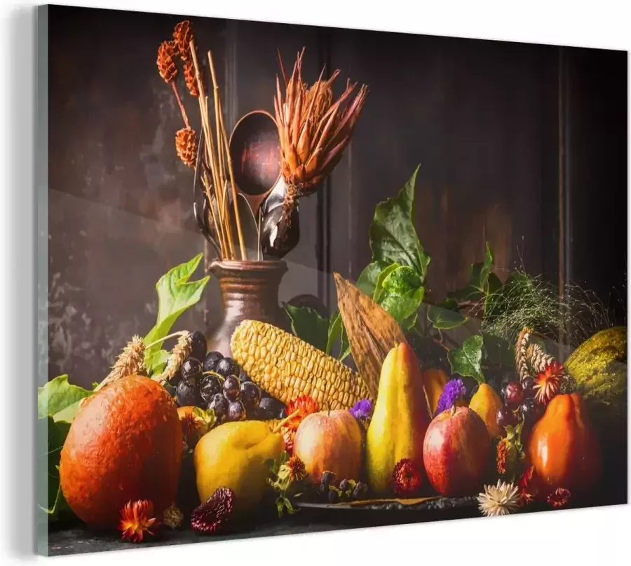 MuchoWow Glasschilderij 60x40 cm Schilderij acrylglas Groente Fruit Rustiek Tafel Foto op glas Schilderijen - Foto 2