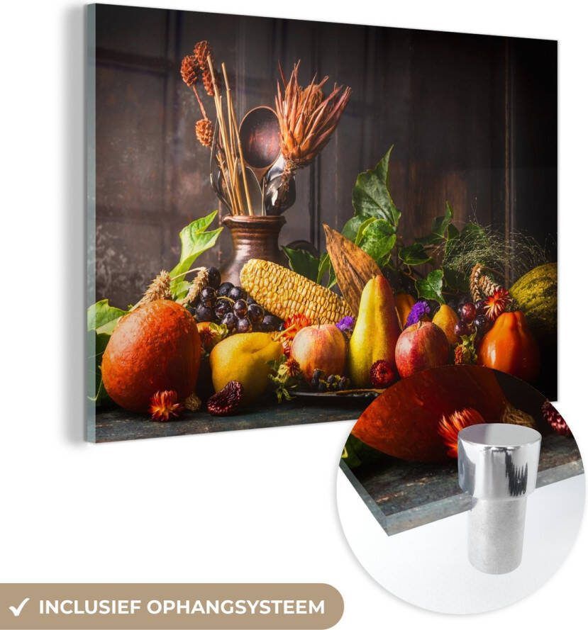 MuchoWow Glasschilderij 60x40 cm Schilderij acrylglas Groente Fruit Rustiek Tafel Foto op glas Schilderijen
