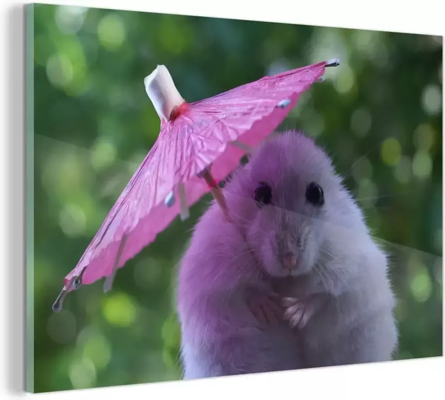 MuchoWow Glasschilderij Hamster met een roze parasol 30x20 cm Acrylglas Schilderijen Foto op Glas