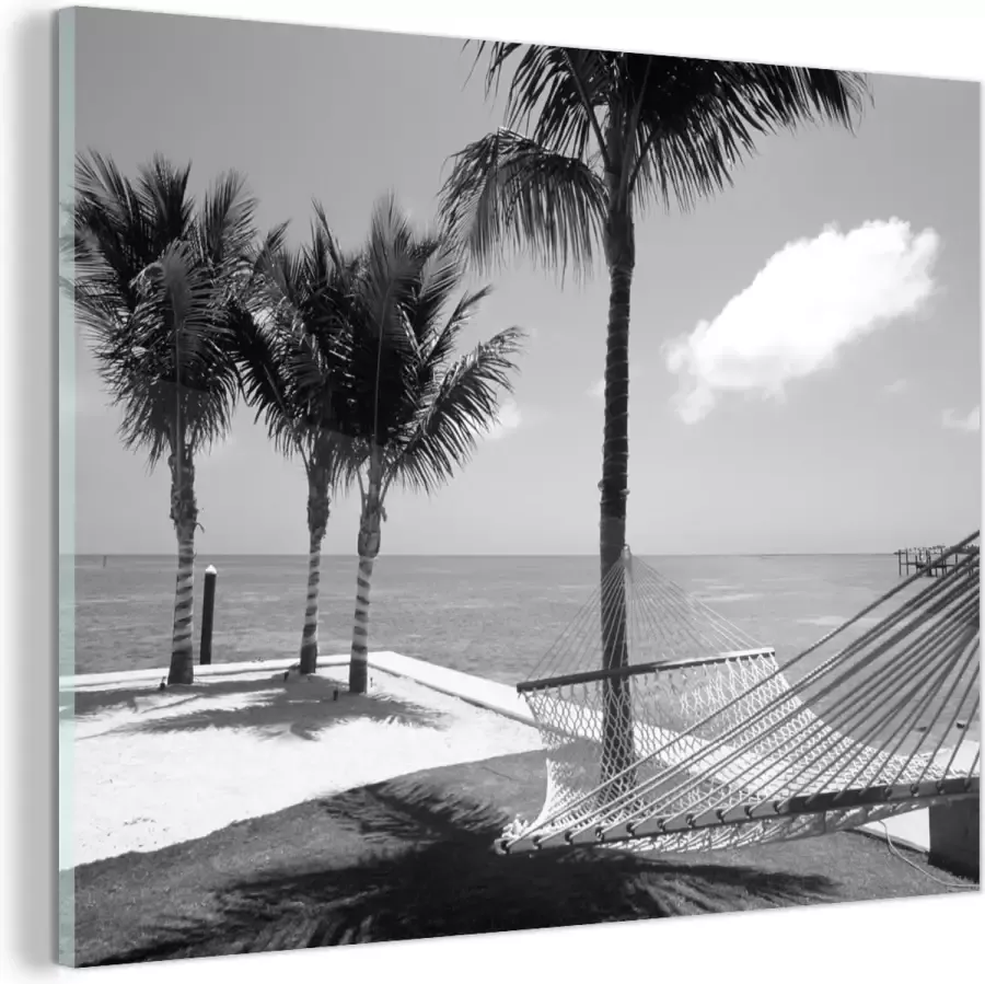 MuchoWow Glasschilderij Hangmat bij het Noord-Amerikaanse strand in Florida zwart wit 120x90 cm Acrylglas Schilderijen Foto op Glas