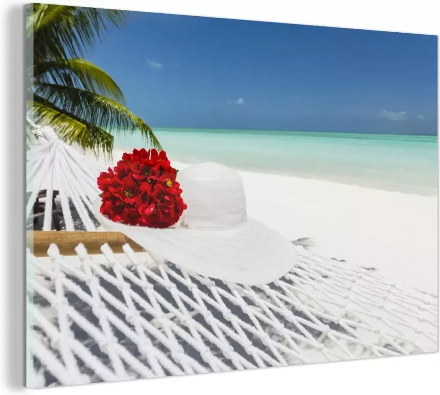 MuchoWow Glasschilderij Hangmat Bloemen Strand 90x60 cm Acrylglas Schilderijen Foto op Glas