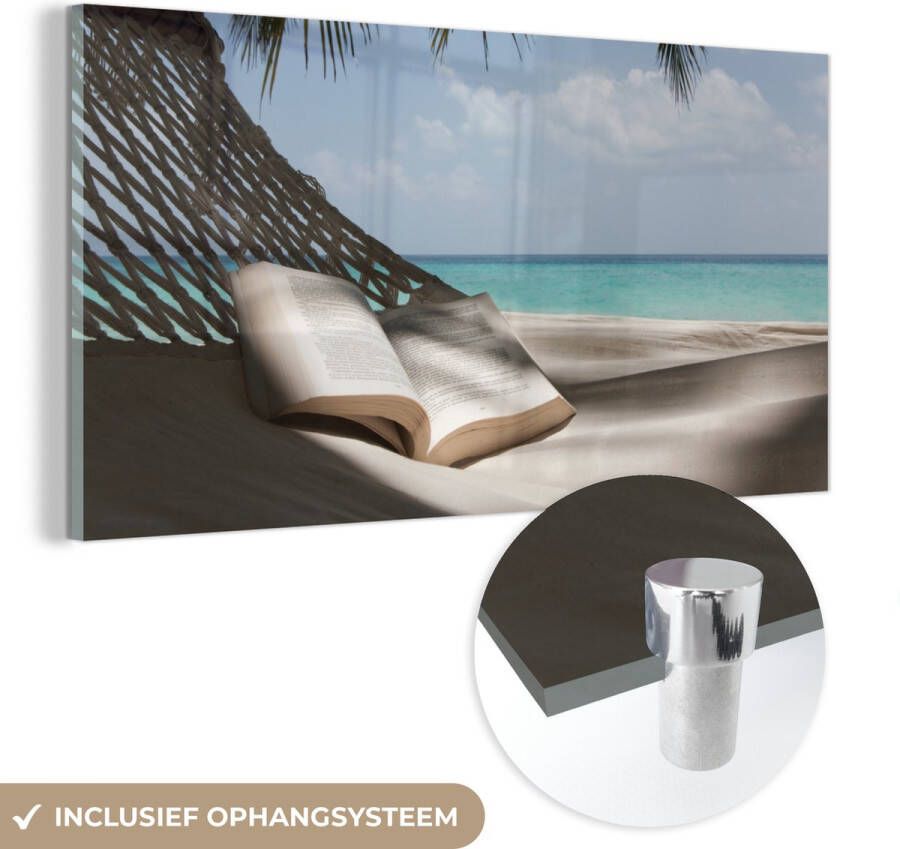 MuchoWow Glasschilderij 120x60 cm Schilderij acrylglas Hangmat Boek Strand Foto op glas Schilderijen