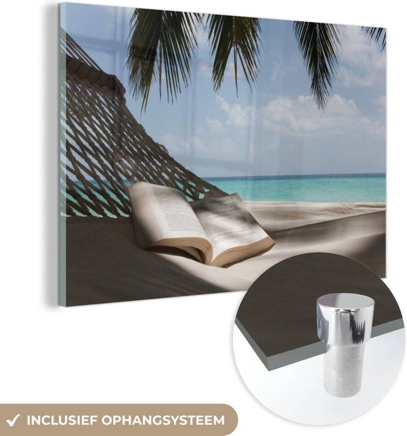MuchoWow Glasschilderij 180x120 cm Schilderij acrylglas Hangmat Boek Strand Foto op glas Schilderijen