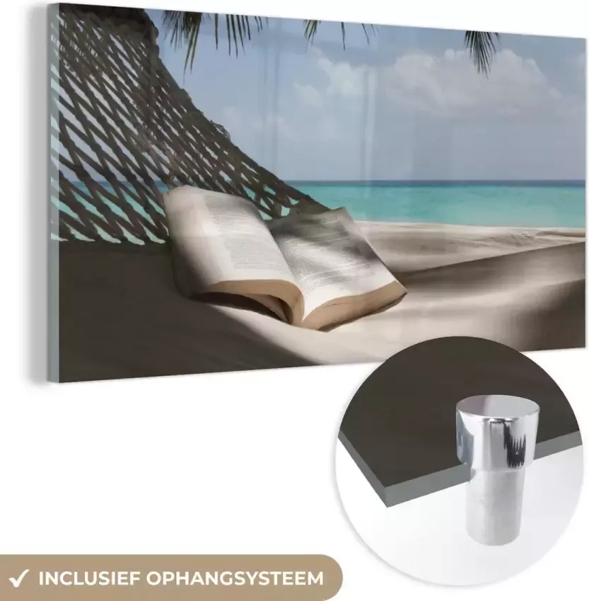 MuchoWow Glasschilderij Hangmat Boek Strand 80x40 cm Acrylglas Schilderijen Foto op Glas