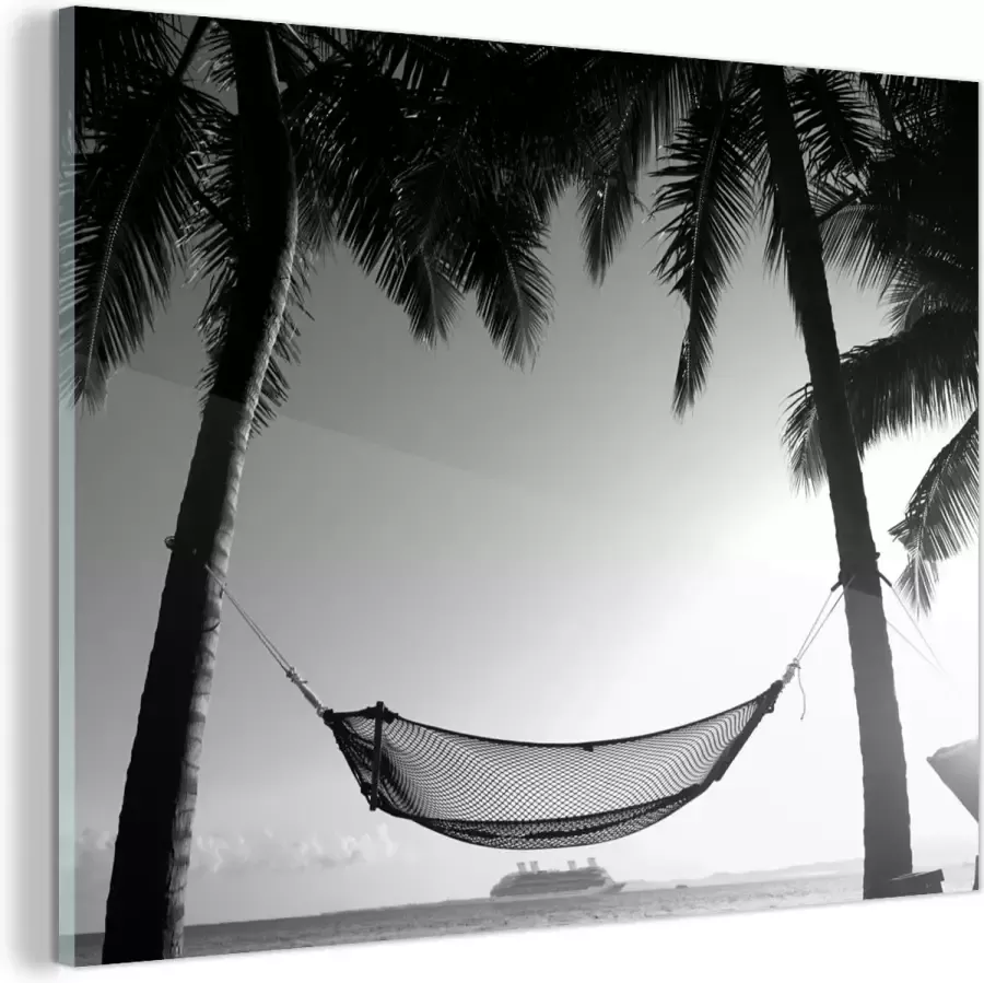 MuchoWow Glasschilderij Hangmat die tussen palmbomen hangt zwart wit 120x90 cm Acrylglas Schilderijen Foto op Glas