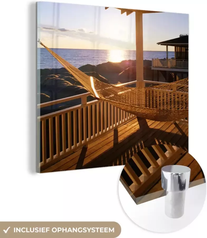 MuchoWow Glasschilderij 20x20 cm Schilderij acrylglas Hangmat in een strandhuis Foto op glas Schilderijen - Foto 2