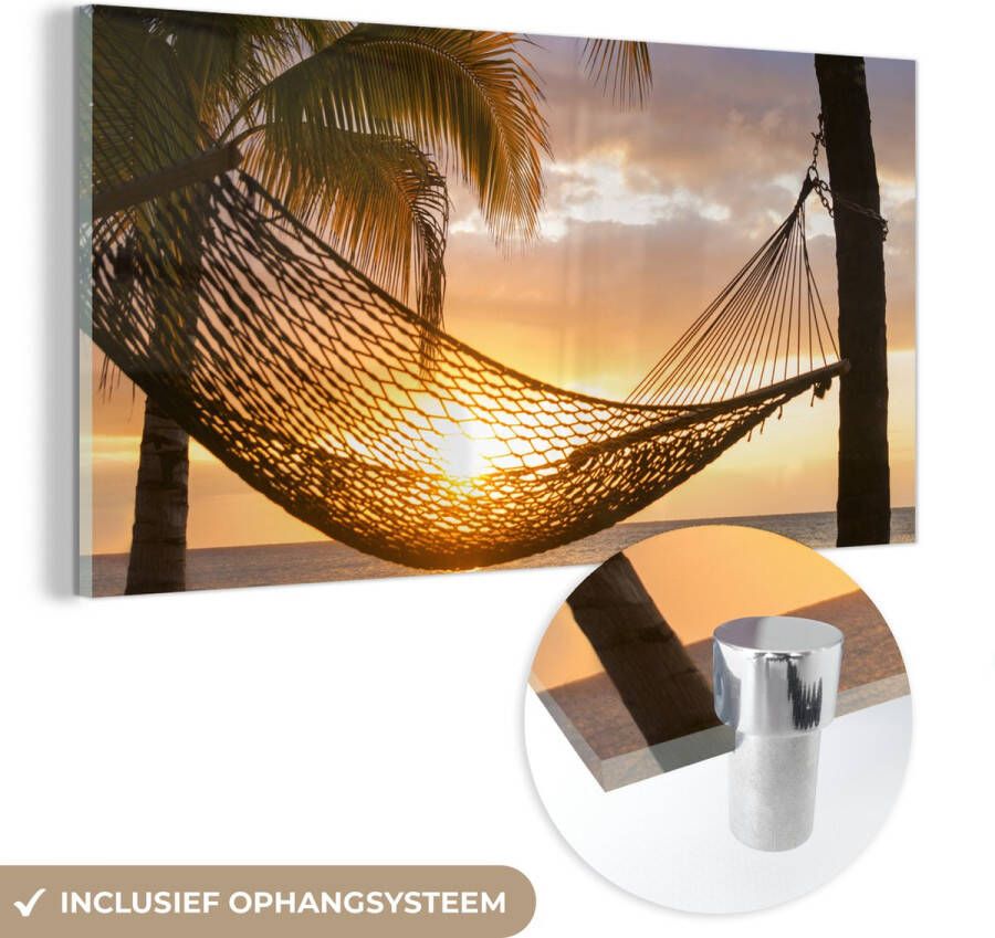 MuchoWow Glasschilderij 160x80 cm Schilderij acrylglas Hangmat op het Caribische strand Foto op glas Schilderijen