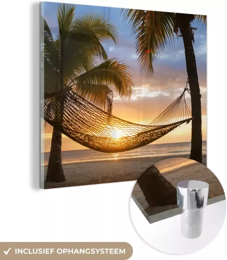 MuchoWow Glasschilderij Hangmat op het Caribische strand 20x20 cm Acrylglas Schilderijen Foto op Glas