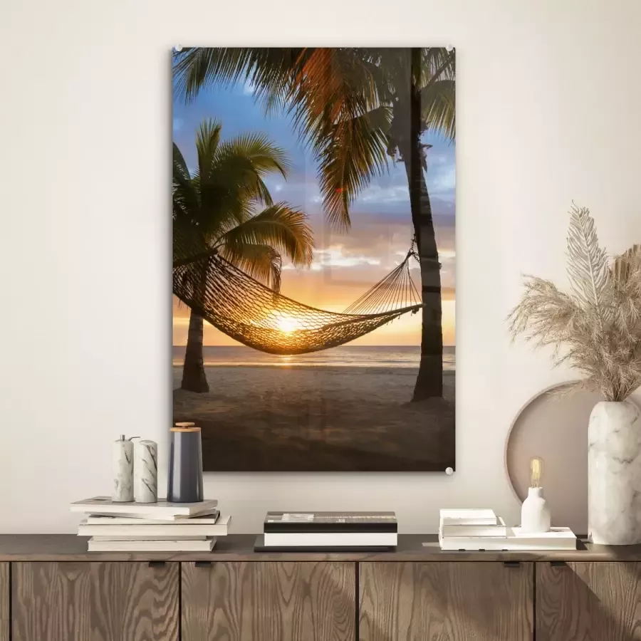 MuchoWow Glasschilderij Hangmat op het Caribische strand 40x60 cm Acrylglas Schilderijen Foto op Glas