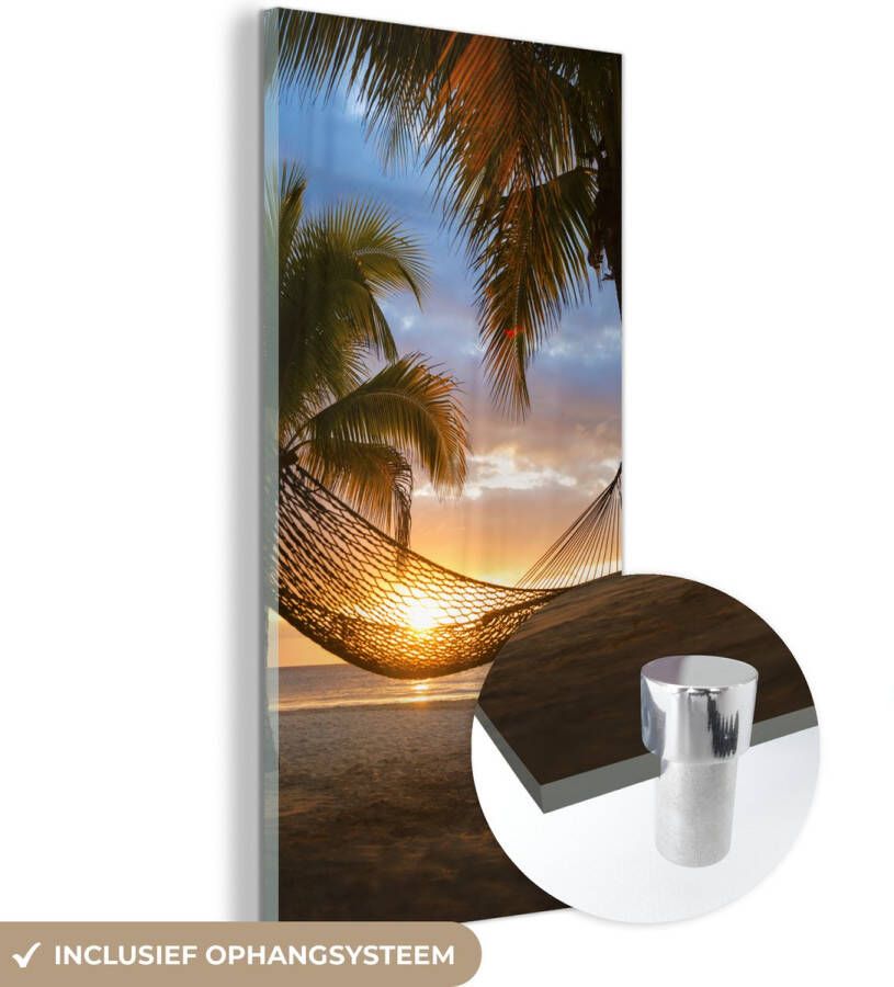 MuchoWow Glasschilderij 40x80 cm Schilderij acrylglas Hangmat op het Caribische strand Foto op glas Schilderijen