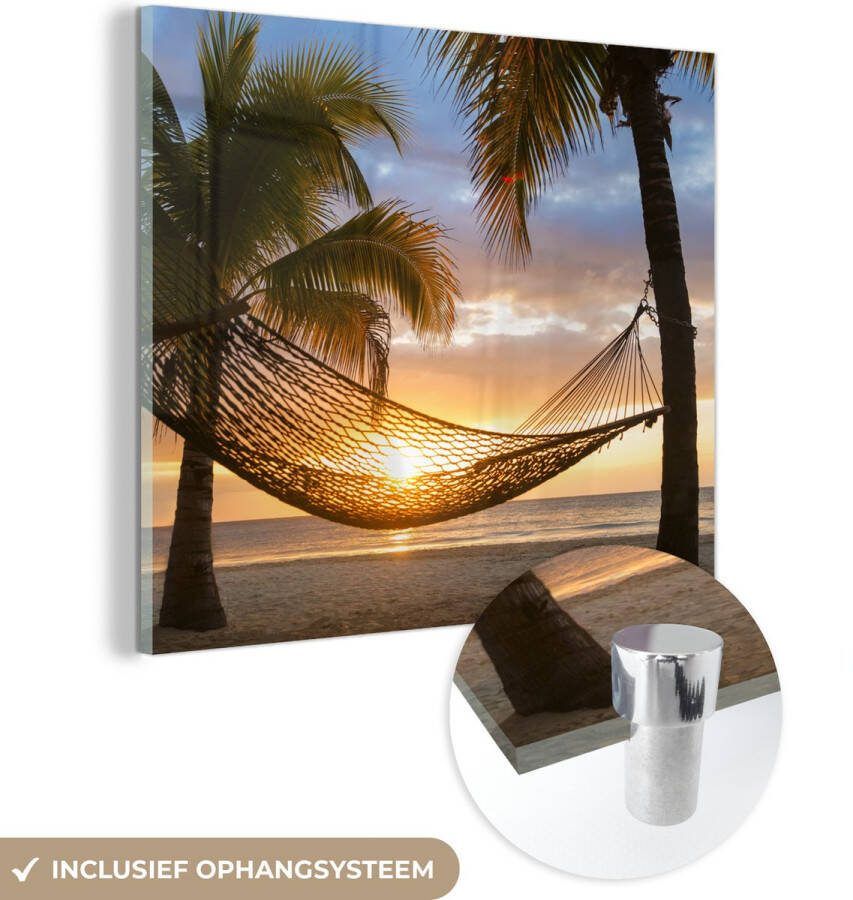 Glasschilderij 50x50 cm Schilderij acrylglas Hangmat op het Caribische strand Foto op glas Muurdecoratie woonkamer Wanddecoratie slaapkamer Schilderijen - Foto 2