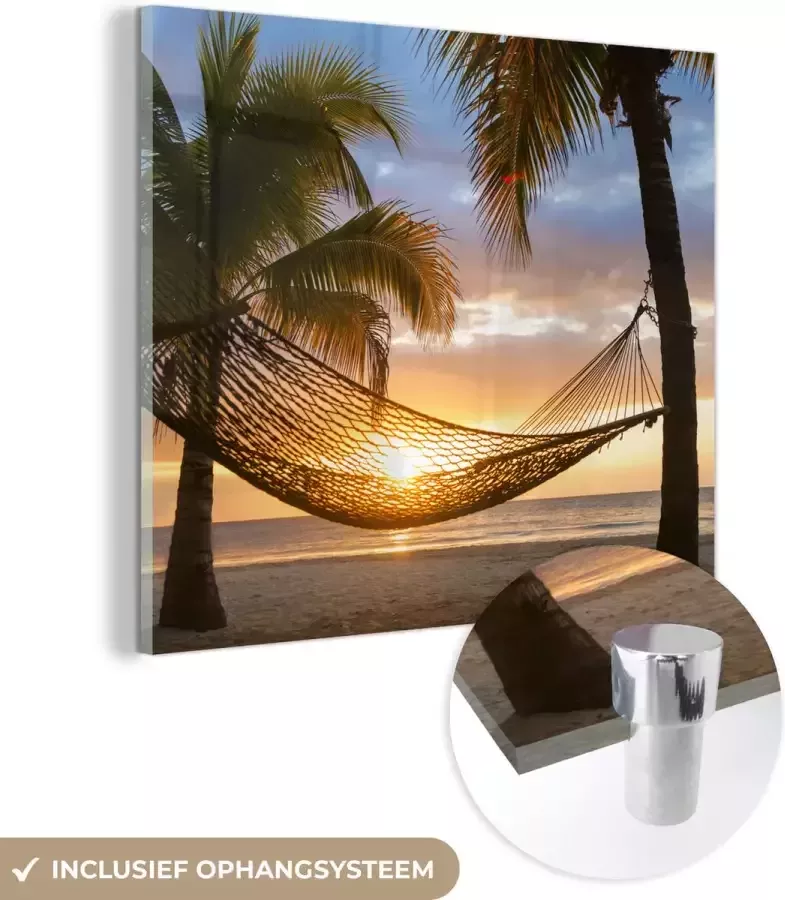 Glasschilderij 50x50 cm Schilderij acrylglas Hangmat op het Caribische strand Foto op glas Muurdecoratie woonkamer Wanddecoratie slaapkamer Schilderijen