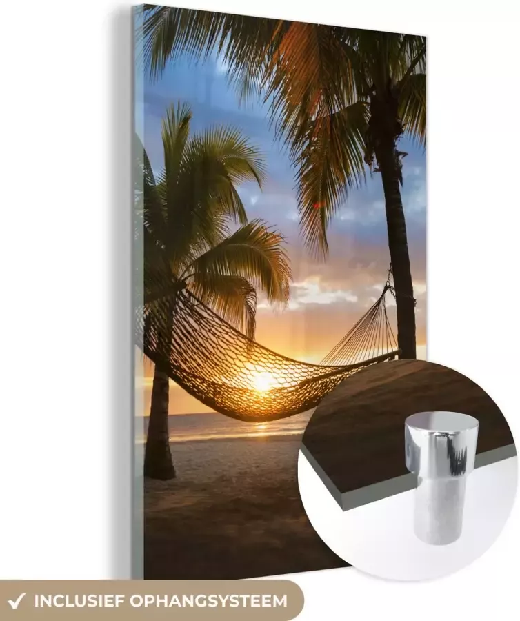 MuchoWow Glasschilderij 60x90 cm Schilderij acrylglas Hangmat op het Caribische strand Foto op glas Schilderijen - Foto 2