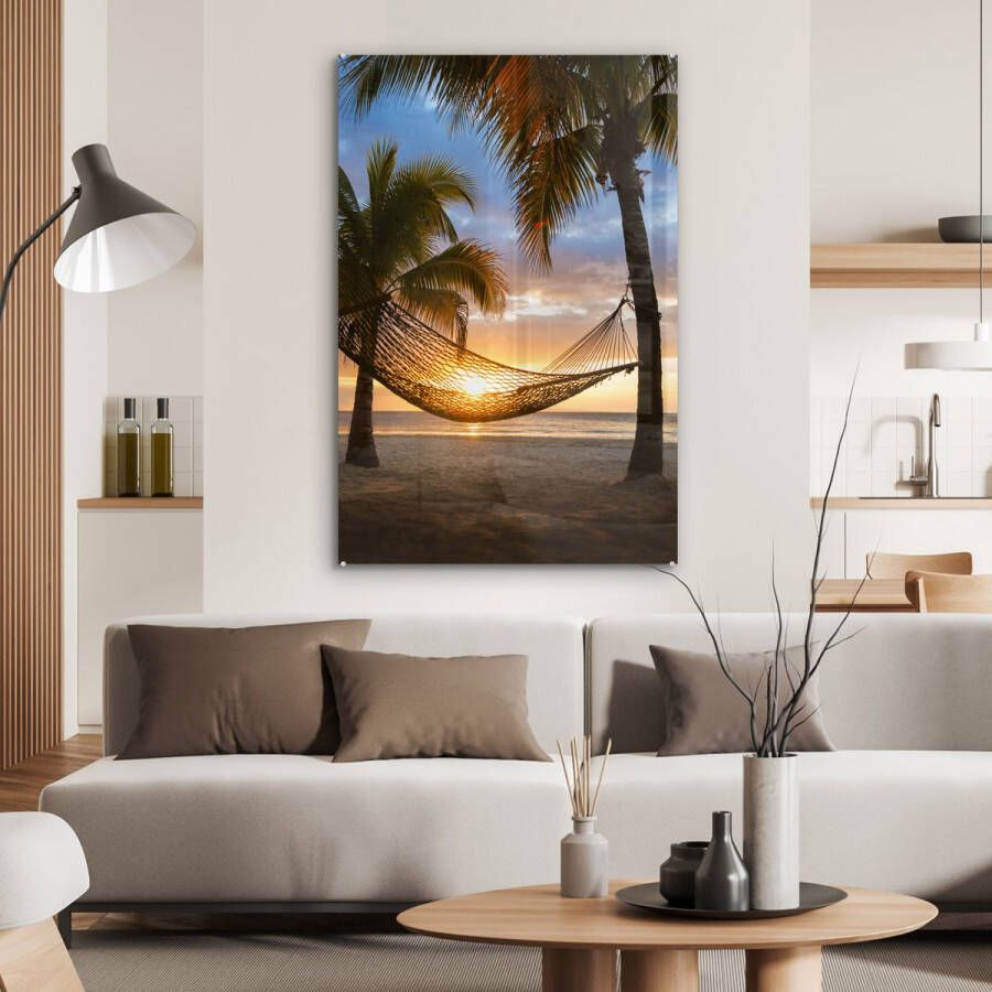 MuchoWow Glasschilderij 80x120 cm Schilderij acrylglas Hangmat op het Caribische strand Foto op glas Schilderijen