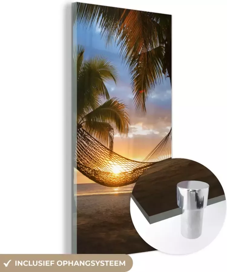 MuchoWow Glasschilderij 80x160 cm Schilderij acrylglas Hangmat op het Caribische strand Foto op glas Schilderijen - Foto 2