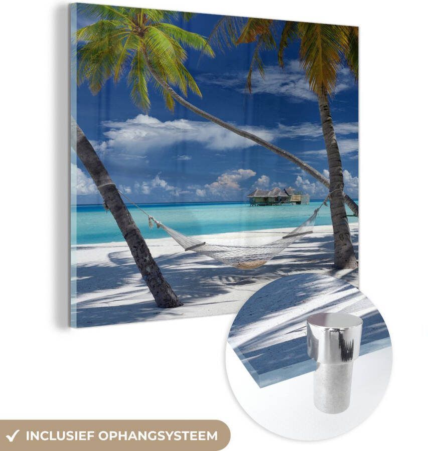 MuchoWow Glasschilderij 20x20 cm Schilderij acrylglas Hangmat Palmboom Oceaan Foto op glas Schilderijen