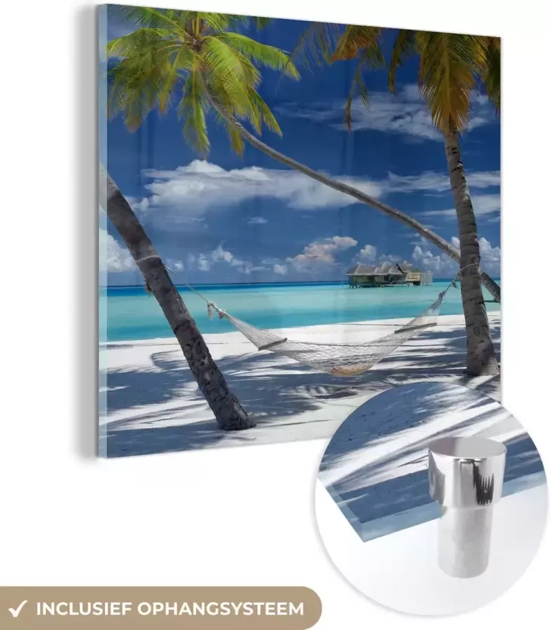 MuchoWow Glasschilderij Hangmat Palmboom Oceaan 50x50 cm Acrylglas Schilderijen Foto op Glas